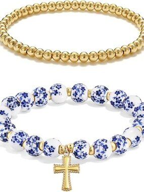 New Cross Bracelet Charm Jewelry Flower Beaded Blue & White Christian Stretch